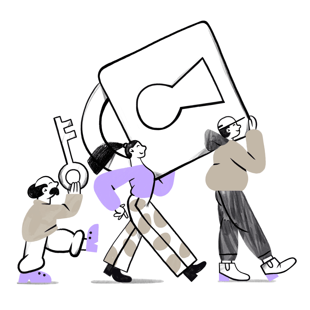 Smiling people carrying lock and key